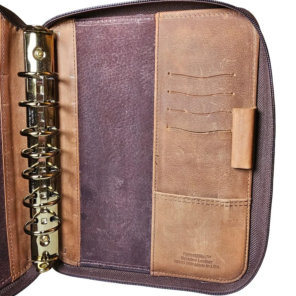Vintage 90s Franklin Covey Brown Tan Leather 7-Ring Zip Planner USA Academia